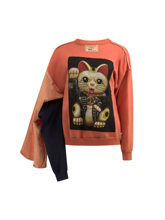 4-In-1 Maneki-Neko Punched-Holes Sweatshirt In Orange