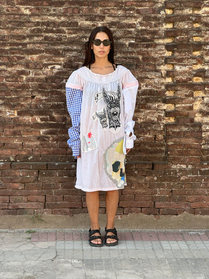 Upcycled Shirt-Dress With Alexander Mcqueen Prints in White/Cream